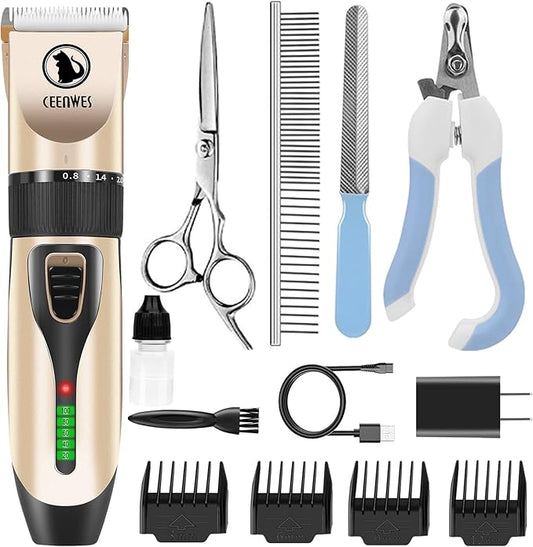 Power Display Dog Clippers Cordless Dog Grooming Kit Professional Horse Clippers Detachable Blade with 4 Comb Guides, Low Noise Pet Clippers Rechargeable Pet Grooming Tools for Dogs Cats Pets
