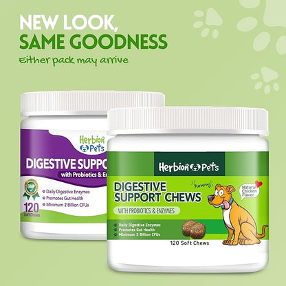 Herbion Pets Digestive Support Chews with Probiotics and Enzymes, 120 Soft Chews - with Daily Digestive Enzymes - for Improved Gut Health - Minimum 2 Billion CFUs - Made in USA - for Dogs 12 Weeks+