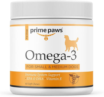 Omega 3 Fish Oil for Dogs - Allergy, Immune, & Skin Health Supplement - Dog Skin and Coat Chews with Vitamin E - Small/Medium Canines - 60 ct
