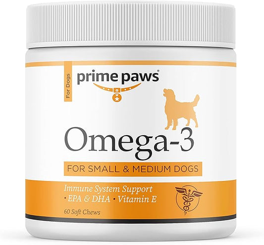 Omega 3 Fish Oil for Dogs - Allergy, Immune, & Skin Health Supplement - Dog Skin and Coat Chews with Vitamin E - Small/Medium Canines - 60 ct