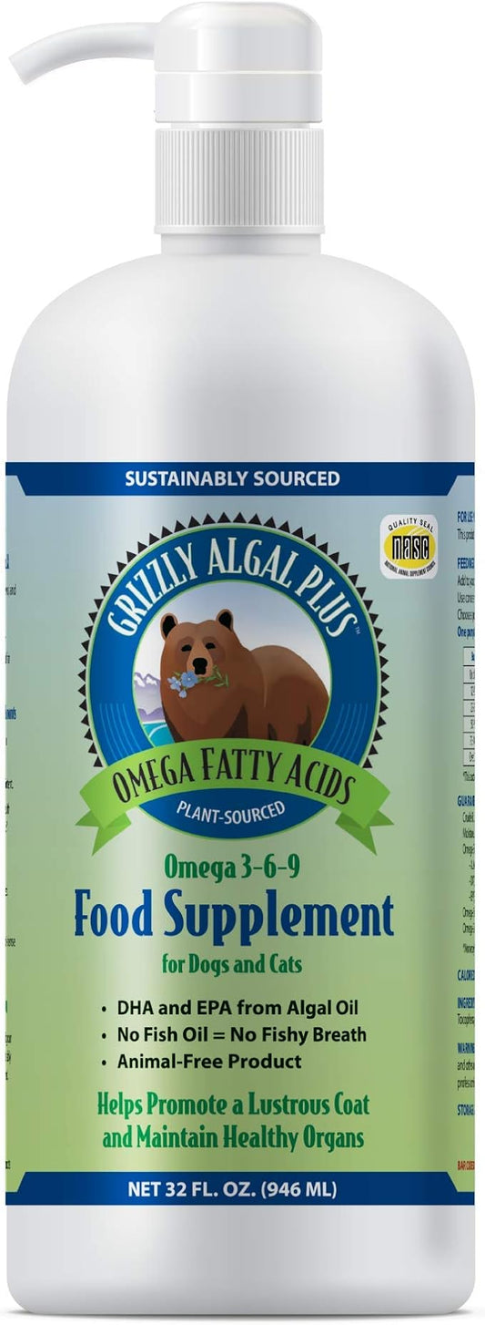 Grizzly Algal Plus Omega Fatty Acids Supplement for Dogs & Cats, 32 Fl Oz - Vegan, Plant-Sourced & Made in USA Algal Oil Omega 3-6-9, Healthy Skin & Coat