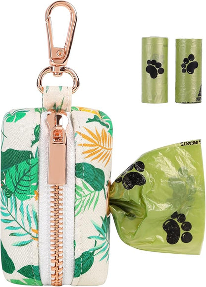 ARING PET Dog Waste Bag Dispenser, Cotton Doggy Poop Bags Holders Attach to Any Leashes, Portable Washable Leaf Pattern Pet Waste Pouch Dispenser with Metal Zipper