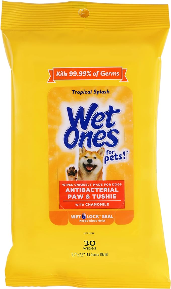 Wet Ones for Pets Paw & Tushie Dog Wipes with Chamomile Dog Wipes for All Dogs in Tropical Splash Scent, Wipes with Wet Lock Seal Pouch Dog Paw Wipes (Pack of 1, 30 Count Total)