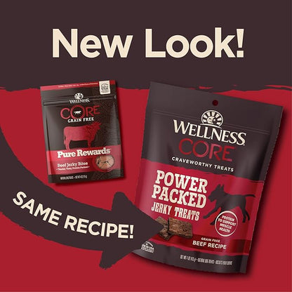Wellness CORE Power Packed Dog Treats (Previously Pure Rewards), Grain-Free Tender Jerky Treats, Made in USA (Beef Recipe, 4-Ounce Bag)