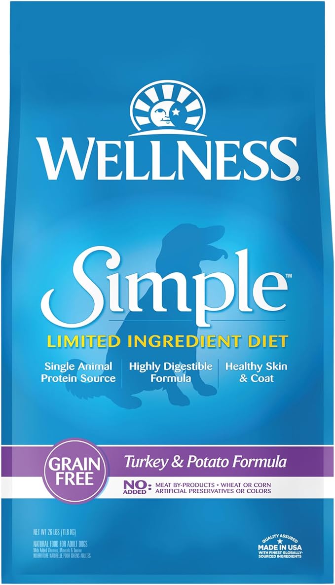 Wellness Simple Natural Limited-Ingredient Grain-Free Dry Dog Food, Easy to Digest for Sensitive Stomachs, Supports Skin & Coat (Turkey and Potato, 26-Pound Bag)