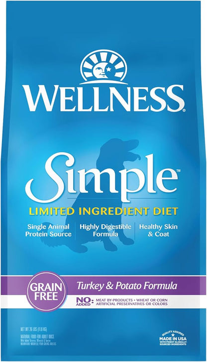 Wellness Simple Natural Limited-Ingredient Grain-Free Dry Dog Food, Easy to Digest for Sensitive Stomachs, Supports Skin & Coat (Turkey and Potato, 26-Pound Bag)
