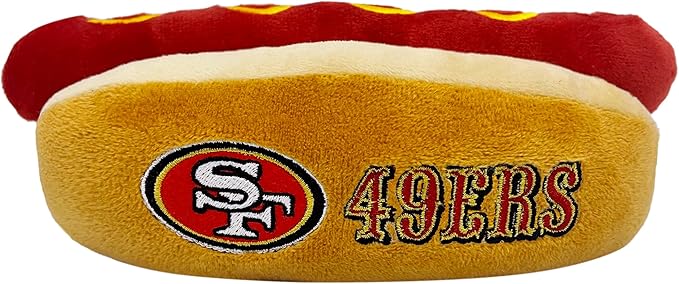 Pets First NFL SAN Francisco 49ERS HOT Dog Plush Dog & CAT Squeak Toy - Cutest HOT-Dog Snack Plush Toy for Dogs & Cats with Inner Squeaker & Beautiful Football Team Name/Logo, 8 x 5 x 3 Inches