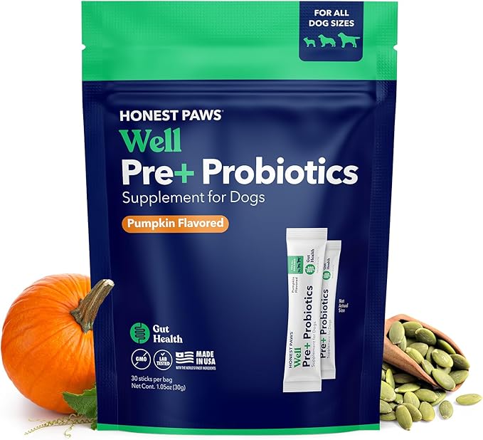 Honest Paws Probiotics for Dogs - Dog Digestion Gut Health Probiotic Powder with Prebiotic Made in The USA, Digestive and Immune Support - Digestive Enzymes with Pumpkin Flavor (30 Sticks)