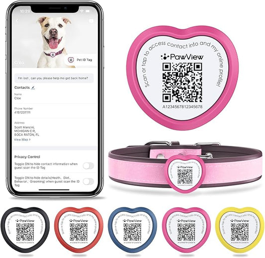 Slide On Dog Tags Personalized for Pets, NFC & QR Code Pet Tag, Silent Silicone Cat Tag for Collars&Harnesses - Scan Alert | Instant Location | Pet Profile | Pet APP Control, Heart-shaped,1 PC