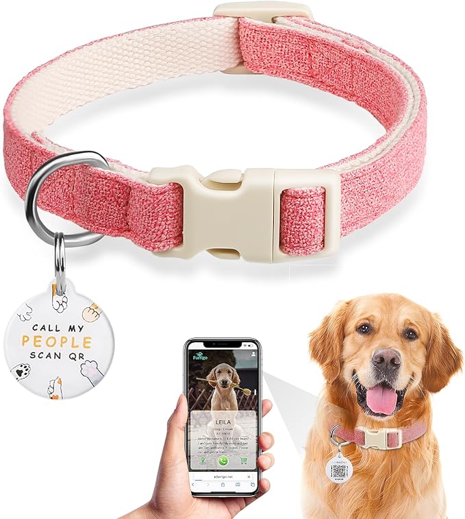 Dog Collar with QR Code ID Tag, Heavy Duty Dog Collars Cotton Hemp Durable Comfortable Padded, Personalized Lost and Found Name Tags, Fits for Small Medium Large Dogs (Pink,M)