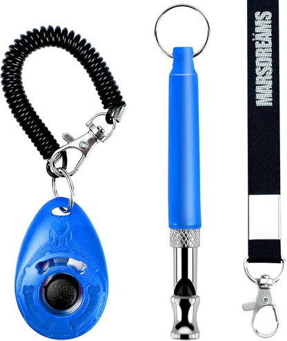 Pet Training Clicker, Whistle -Training Behaviour Aids Accessories for Puppies with Lanyard - Barking Control Device - Long Range Adjustable Frequency - Pack of 3 - Blue