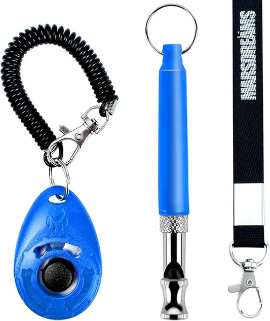 Pet Training Clicker, Whistle -Training Behaviour Aids Accessories for Puppies with Lanyard - Barking Control Device - Long Range Adjustable Frequency - Pack of 3 - Blue