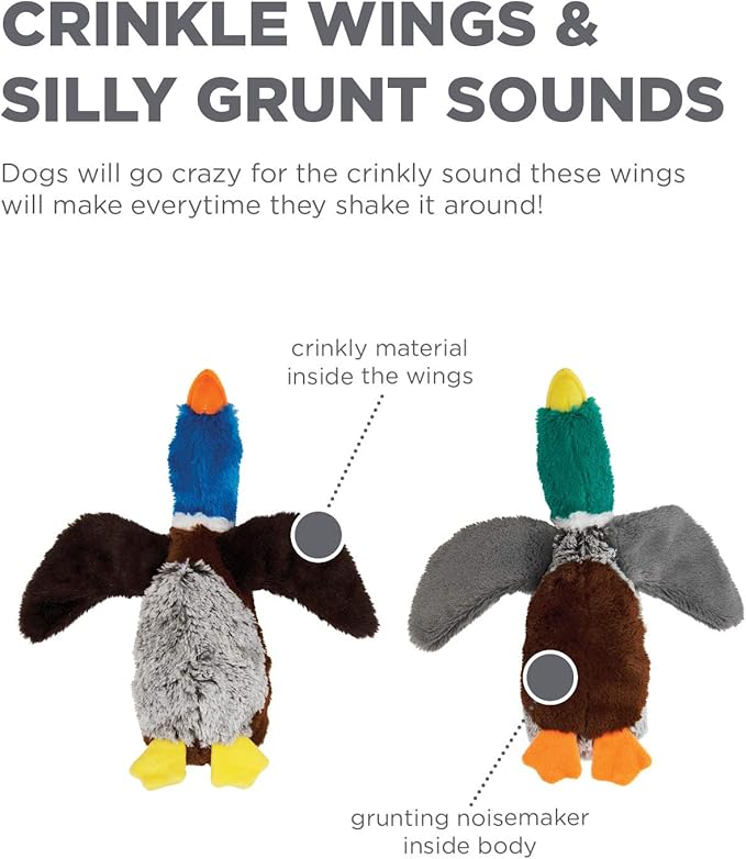 Outward Hound Flapperz Plush Crinkle Duck Dog Toy, 2-Pack - Grunt, Crinkle & Flop, Small