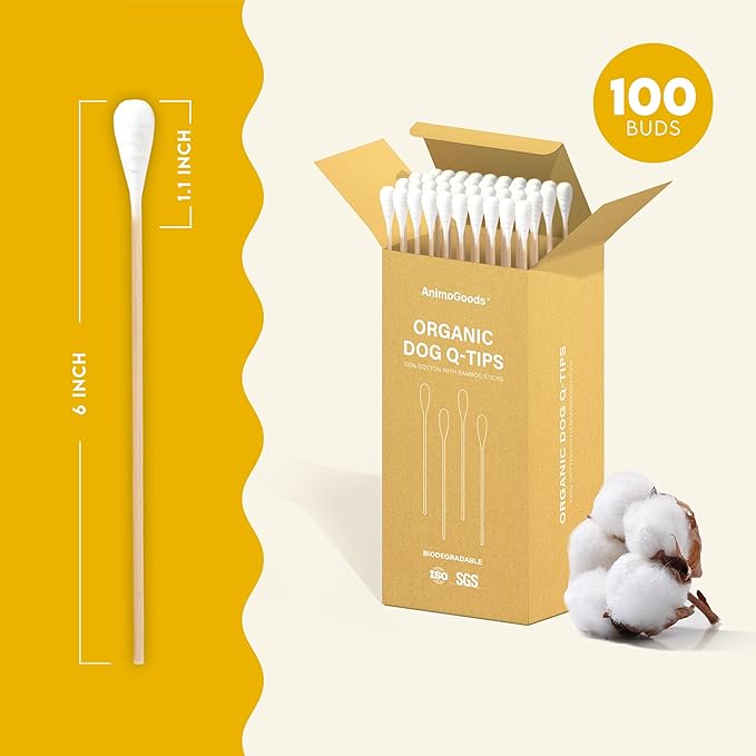 AnimoGoods™ 6 Inch Long Cotton Swabs for Dog Grooming - Eco-Friendly Q-Tips for Cats and Dogs - Dog Ear Cleaning Swabs - 100% Organic Bamboo and Cotton - 100pcs