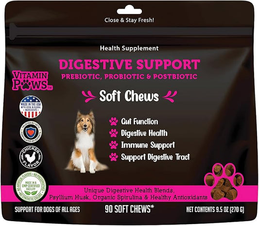 Digestive Support Probiotics, Prebiotics, Postbiotics for Dogs | Soft Chews Supplements for Itchy Skin, Ears, Paw Licking | Natural Enzymes for Canine Gut Health, Diarrhea & Bowel Support