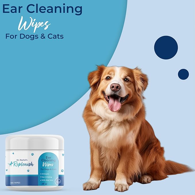 Replenish Cat and Dog Ear Cleaning Wipes - Dr. Rachel's Gentle Cleansing Wipes, Cucumber Melon Scent, Aloe Vera-Infused, 100 Count