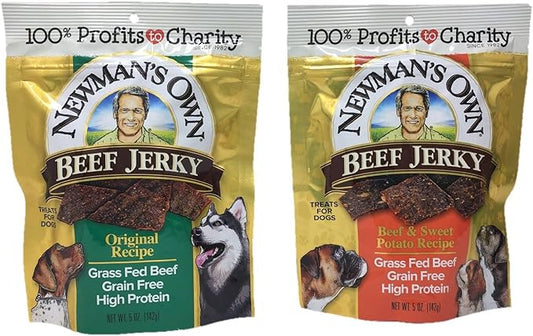 Newman's Own Beef Jerky 2 Set Treats for Dogs, Bundle of 2 Flavors, Original Recipe and Beef & Sweet Potato Recipe, 5oz Each