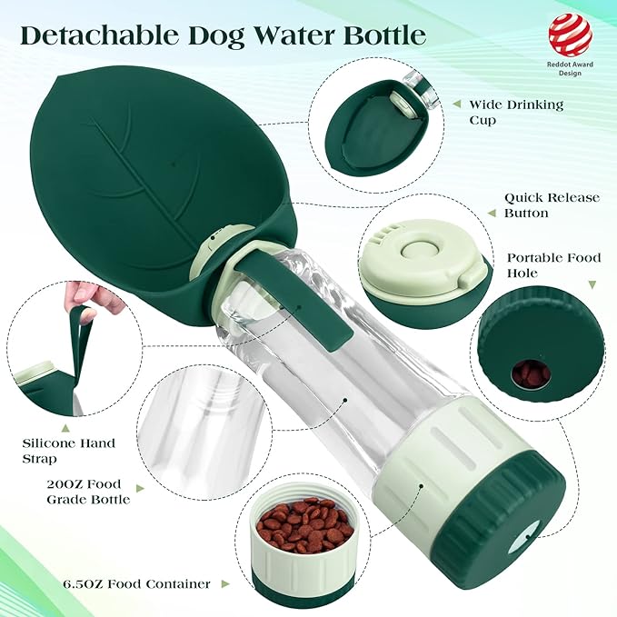 Dog Water Bottle Dispenser for Walking, Pet Water Feeder Container portable with Drinking Cup Bowl Outdoor Hiking, Travel Large Green