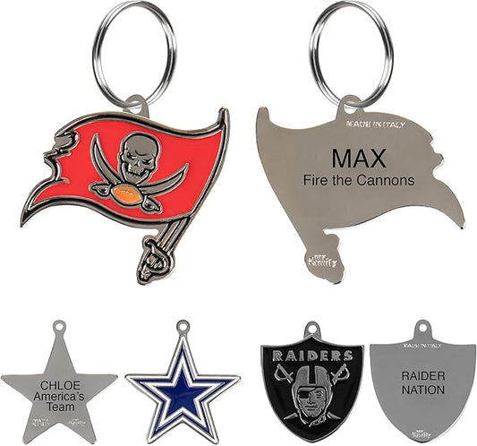 NFL Tampa Bay Buccaneers Engraving Pet ID Tags in 32 Team Logo Shapes Personalized Dog Tags and Cat Tags with 3 Lines of Customizable Text for Tracking & Safety. Stainless Steel Pet ID Tracking Tags