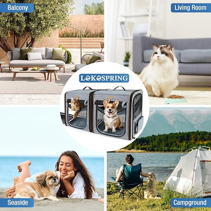 Lekereise 2-in-1 Cat,Dog Carrier for Small Medium Large Pets up to 45 Lbs, (20.85"*2)*19.7"*19.7" Car Travel Carrier with Litter Box, Bowl, and Locking Zipper - Dark Gray