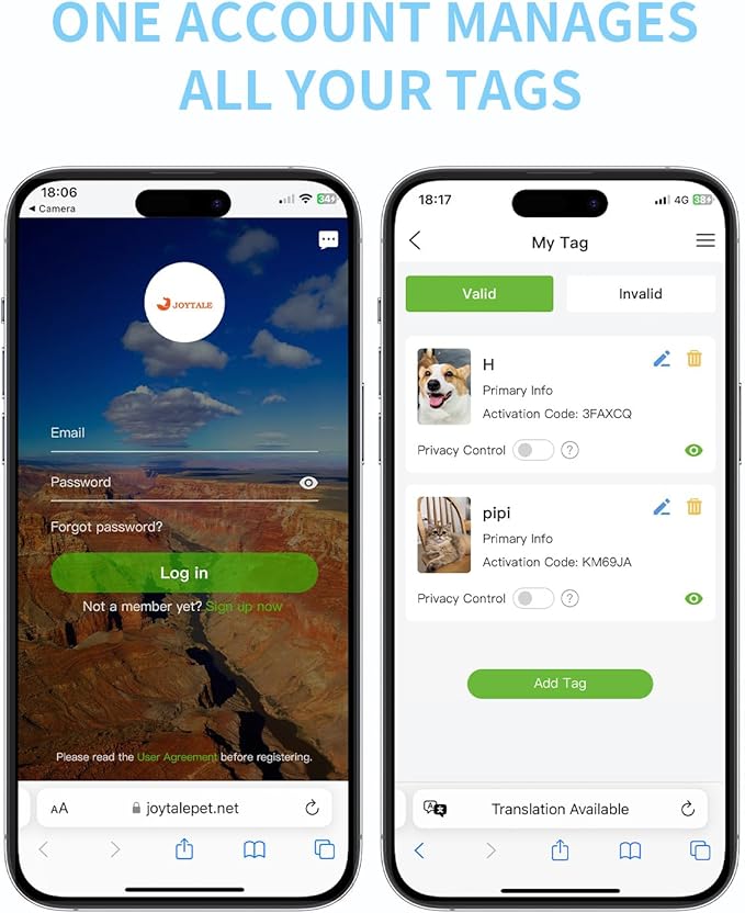 Joytale [ NO APP Required ] Silent Silicone QR Code Dog Tag, Slide On Dog Tags for 1 Inch Wide Collars or Vest, NFC Pet Online Profile, Scan QR to Send Location Alert Email, Sky Blue, M