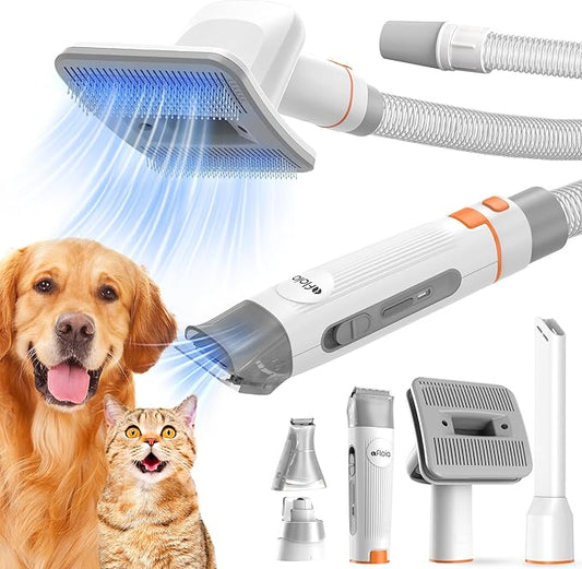Afloia Pet Grooming Vacuum Attachments, Dog Hair Vacuum Groomer, 5 in 1 Dog Grooming Kit with Clippers Nail Grinder Shedding Brush for Vacuum Cleaners Like Dyson, Shark, Bissell, Eureka, etc