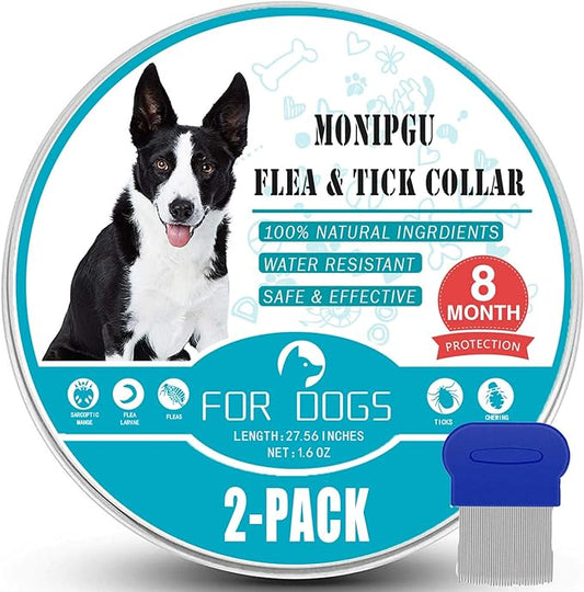Flea and Tick Collar for Dogs,2 Pack,Natural Flea and Tick Prevention for Dogs,8 Months Protection,One Size Fits All Dogs,Adjustable & Waterproof,Include Flea Comb
