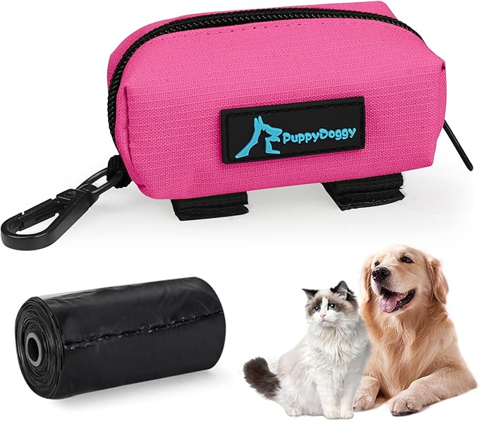 PuppyDoggy 1 Pack Poop Bag Holder for Dogs and Cats Waste Bag Dispenser Poop Bag Pouch Dispenser with 1 Roll of Free Poop Bags for Dog Leash Accessory Bicycle (Pink)