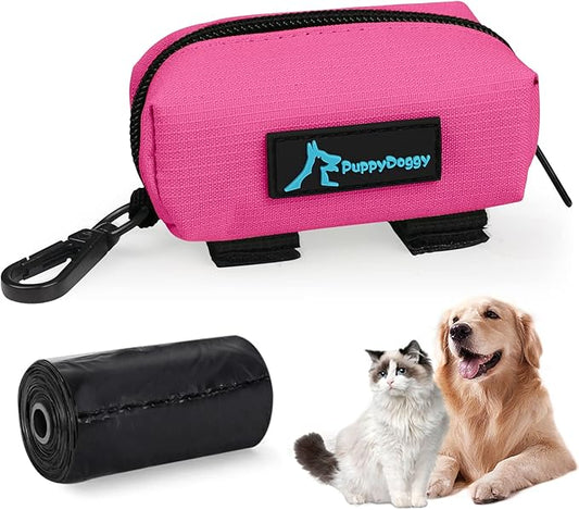 PuppyDoggy 1 Pack Poop Bag Holder for Dogs and Cats Waste Bag Dispenser Poop Bag Pouch Dispenser with 1 Roll of Free Poop Bags for Dog Leash Accessory Bicycle (Pink)