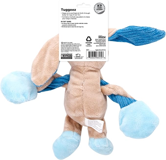 Outward Hound Baby Pulleez Bunny Squeaky Plush Dog Toy with Ropes for Pull-Through Tugging Action