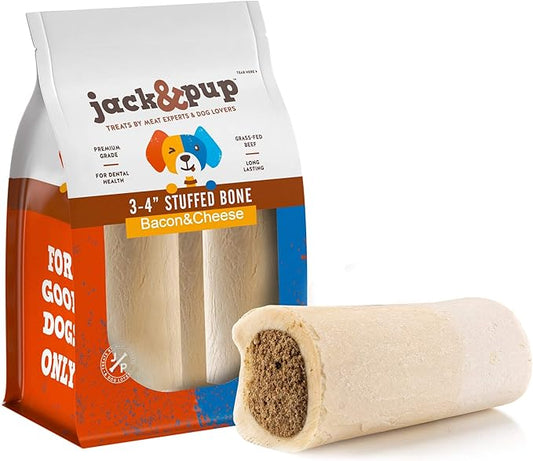 Jack&Pup Filled Dog Bones | 3" Bacon & Cheese Flavored Marrow Bones for Dogs Long Lasting | Savory Bones for Dogs (4 Pack)