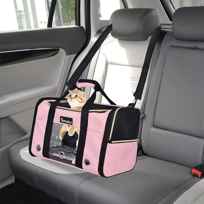 Petmolico Cat Carrier Dog Carrier, Airline Approved Soft Pet Travel Carrier with 3 Open Doors Mesh Windows for Cats Puppy 16 lbs, Pink