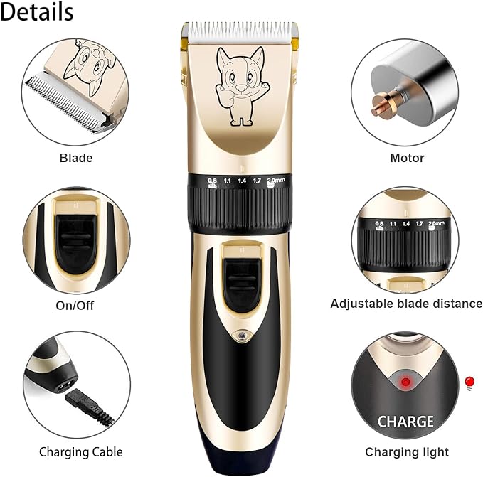Dog Grooming Kit Clippers, Low Noise, Electric Quiet, Rechargeable, Cordless, Pet Hair Thick Coats Clippers Trimmers Set, Suitable for Dogs, Cats, and Other Pets (Gold)