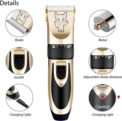 Dog Grooming Kit Clippers, Low Noise, Electric Quiet, Rechargeable, Cordless, Pet Hair Thick Coats Clippers Trimmers Set, Suitable for Dogs, Cats, and Other Pets (Gold)