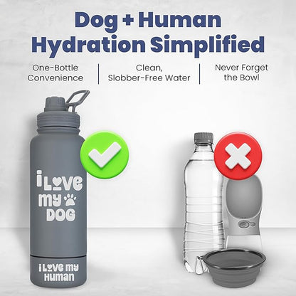 Dog Water Bottle for Dog Lovers - 32 oz Stainless Steel Double Wall Insulated Water Bottle with 8 oz Attached Dog Bowl - Best Dog Mom Gifts for Women - “I Love My Dog” - Smokey Grey