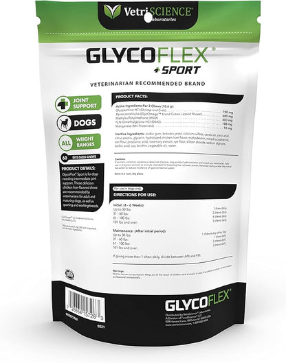 VetriScience GlycoFlex Sport Hip and Joint Supplement for Dogs – Joint Support Chews with Green-Lipped Mussel, DMG, and Glucosamine for Dogs, Chicken Liver Flavor