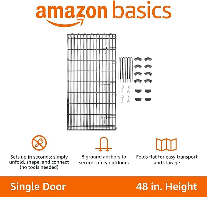 Amazon Basics Foldable Octagonal Metal Exercise Pet Play Pen for Dogs, Fence Pen, Single Door, Black, 60 x 60 x 48 Inches