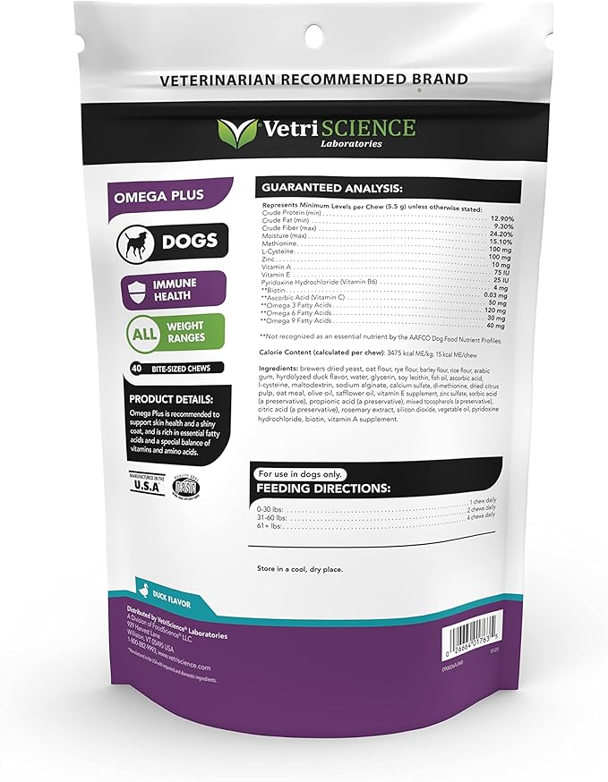 VetriScience Omega Plus Advanced Skin Supplement for Dogs – Fish Oil Supplement for Itchy Skin with Omegas 3, 6, 9 Fatty Acids and Added Nutrients