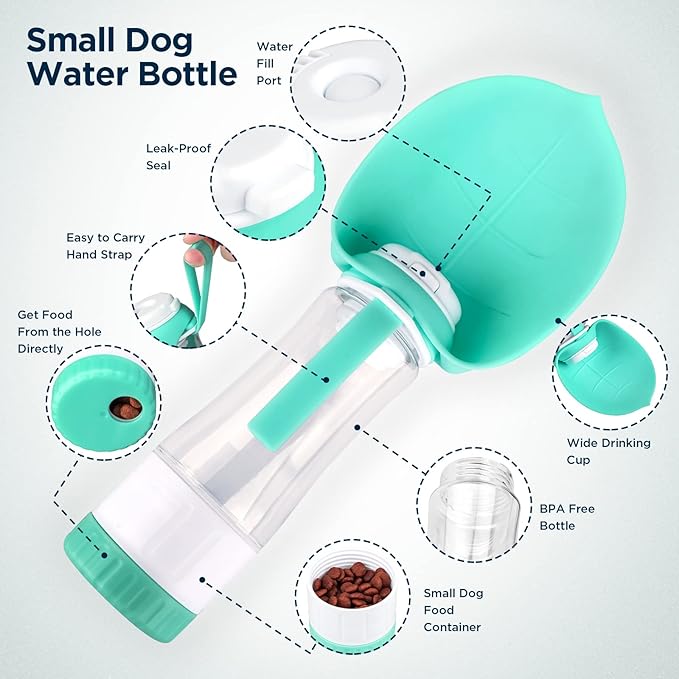Dog Water Bottle, Portable Pet Water Bottle with Food Container and Drinking Feeder, Leak Proof, BPA-Free, Foldable Puppy Water cup Dispenser for Outdoor Walking, Travel, Hiking 12OZ