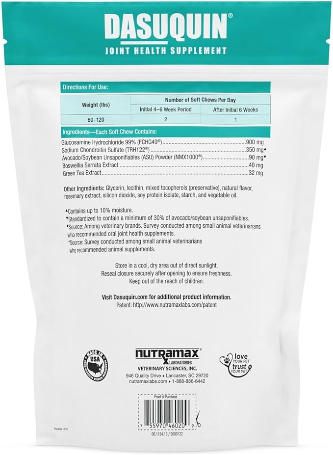Nutramax Dasuquin Joint Health Supplement for Large Dogs - With Glucosamine, Chondroitin, ASU, Boswellia Serrata Extract, and Green Tea Extract, 84 Soft Chews