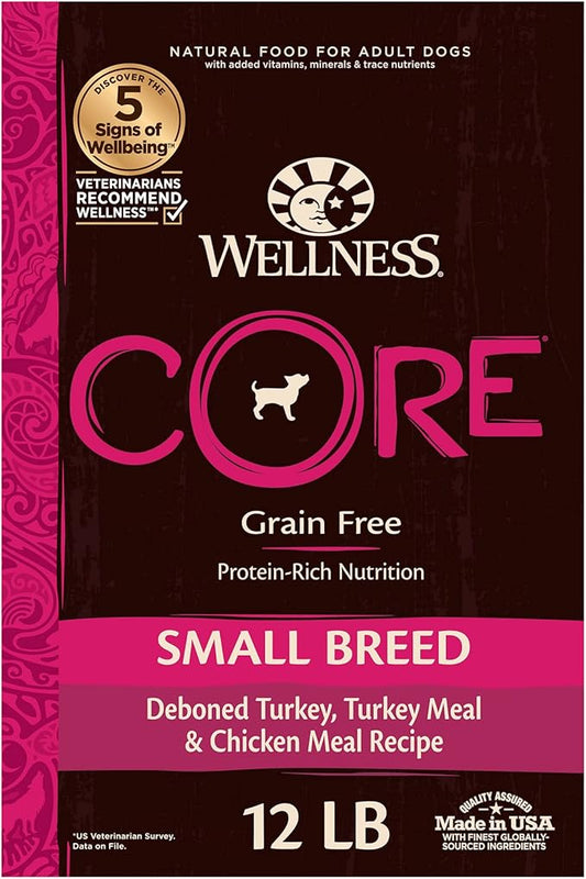 Wellness Natural Pet Food CORE Natural Grain-Free Small Breed Turkey & Chicken Dry Dog Food for Adult Dogs, High-Protein, USA-Made with Real Meat, 12-Pound Bag