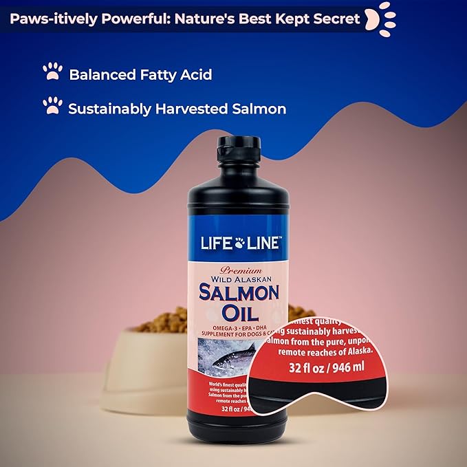 Life Line Pet Nutrition Wild Alaskan Fish Oil Omega-3 Supplement for Skin & Coat – Supports Brain, Eye & Heart Health in Dogs & Cats, 128oz