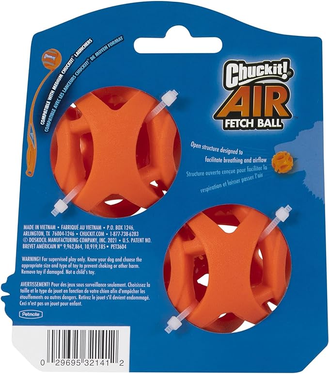 Chuckit Air Fetch Ball Dog Toy, Medium (2.5 Inch Diameter), for dogs 20-60 lbs