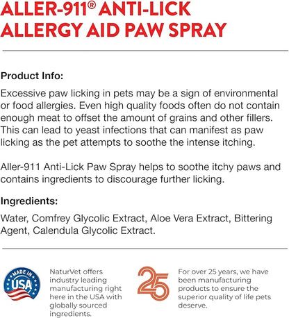 NaturVet Aller-911 Anti-Lick Paw Spray for Dogs & Cats – Includes Aloe Vera – Helps Sooth Itchy Paws, Offers Dog & Cat Allergy Support – Helps Discourage Pet Licking – 8 Oz. Spray
