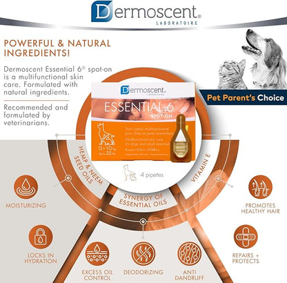 Dermoscent Essential 6 spot-on - Dog Skin Care for Dandruff & Allergy Relief with Vitamin E Oil - Anti Itch for Dogs - Dog & Small Mammals 0-10 kg - 4 Pipettes of 0.6 ml