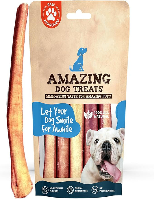 Amazing Dog Treats Bully Sticks 12 Inch [Extra Thick - 5 Pcs/Pck] -NO Hide Bones for Dogs - Safe Chews for Dogs - Long Lasting Bully Sticks for Dogs