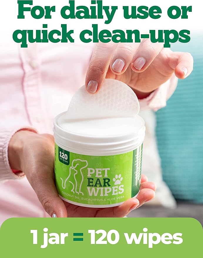 120ct Pet Ear Wipes for Dogs w/Itch Relief | Natural Coconut Oil, Eucalyptus & Aloe | Irritation Relief, Easy Otic Wax Cleaner Solution Pets