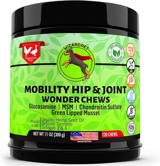 Advanced Hemp Hip and Joint Supplement for Dogs - Hemp Oil Glucosamine Chondroitin for Dog - Omegas - Turmeric - MSM - Green Lipped Mussel, Made in USA treats support mobility - 120 Chews
