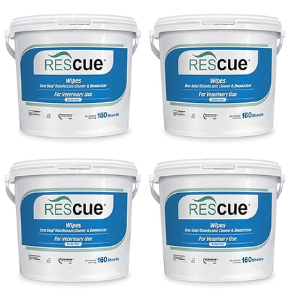 REScue One-Step Disinfectant Cleaner & Deodorizer Wipes for Veterinary Use – For Kennels & More – Extra Large Wipes, 160-Count Wipes Bucket (4 Pack)