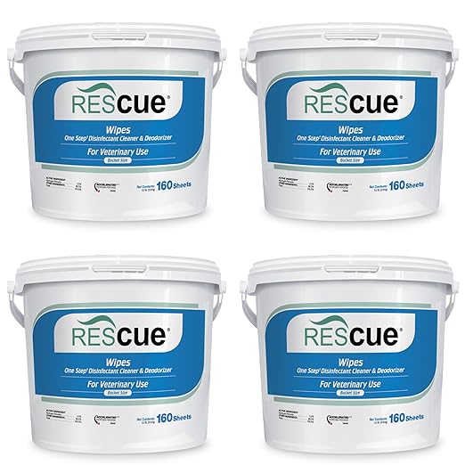 REScue One-Step Disinfectant Cleaner & Deodorizer Wipes for Veterinary Use – For Kennels & More – Extra Large Wipes, 160-Count Wipes Bucket (4 Pack)